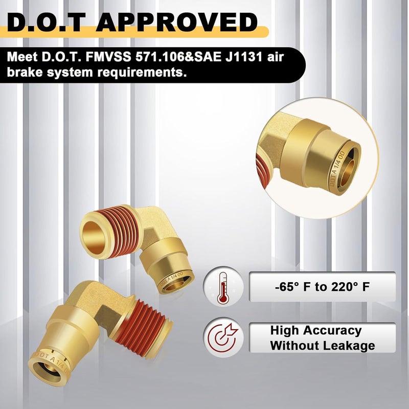Siptenk 1/4" Elbow DOT Brass Push to Connect Air Line Fittings 5 PCS, 1/4" OD Tube x 1/4" NPT Thread Air Brake Line Quick Connect Fittings for Truck Trailers Industry Air System - Image 4